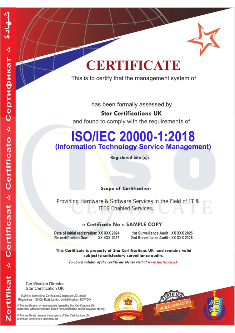 Sample ISO/IEC 20000-1:2018 Certification Certificate