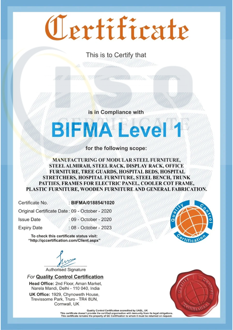 Sample BIFMA LEVEL 1 Certification Certificate
