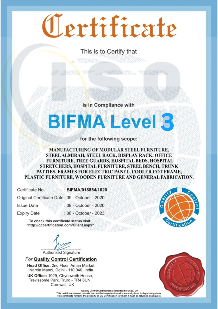 Sample BIFMA LEVEL 3 Certification Certificate