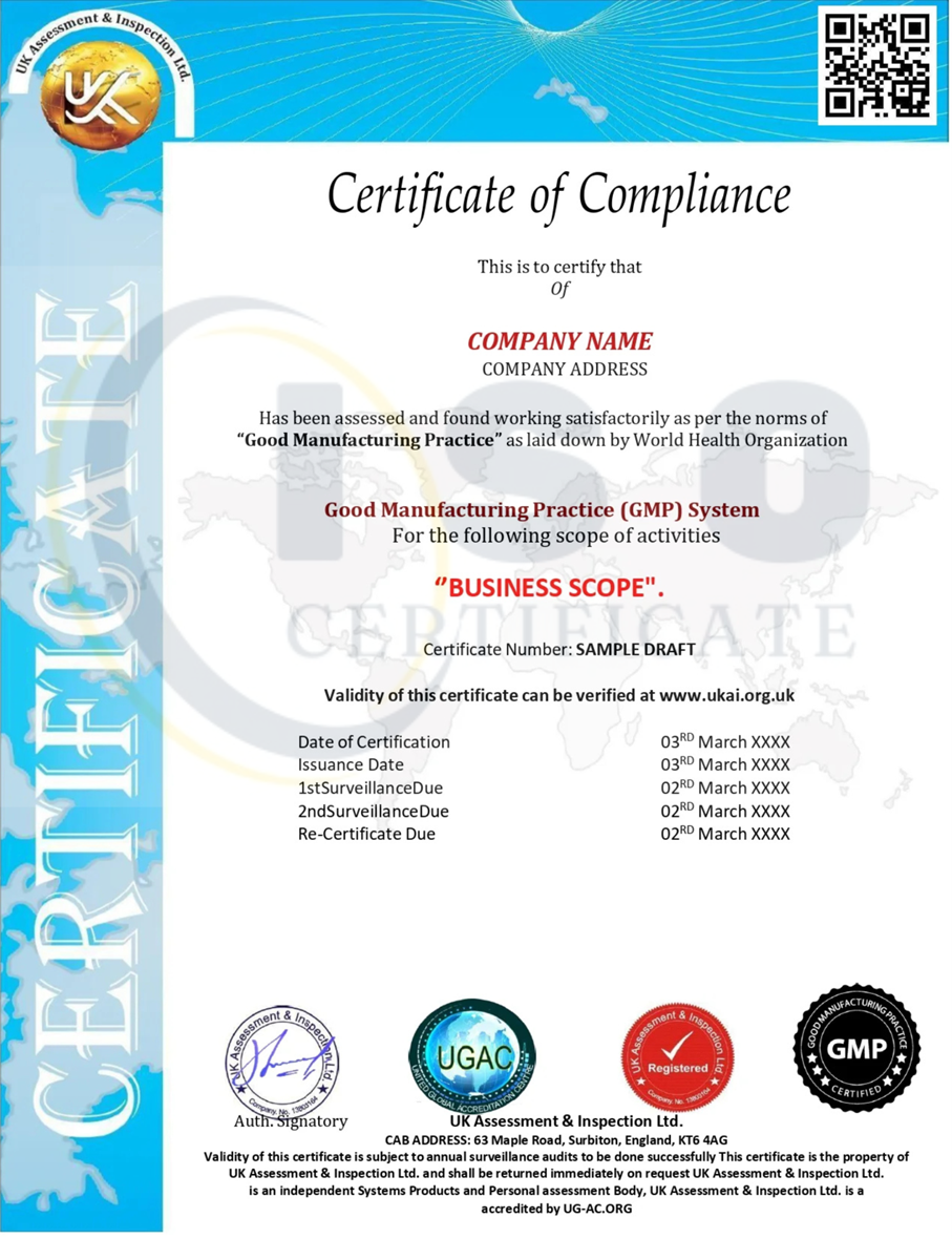 Sample GMP Certification Certificate