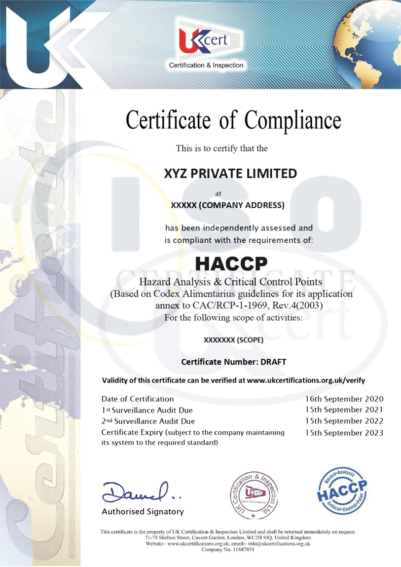 Sample HACCP Certification Certificate