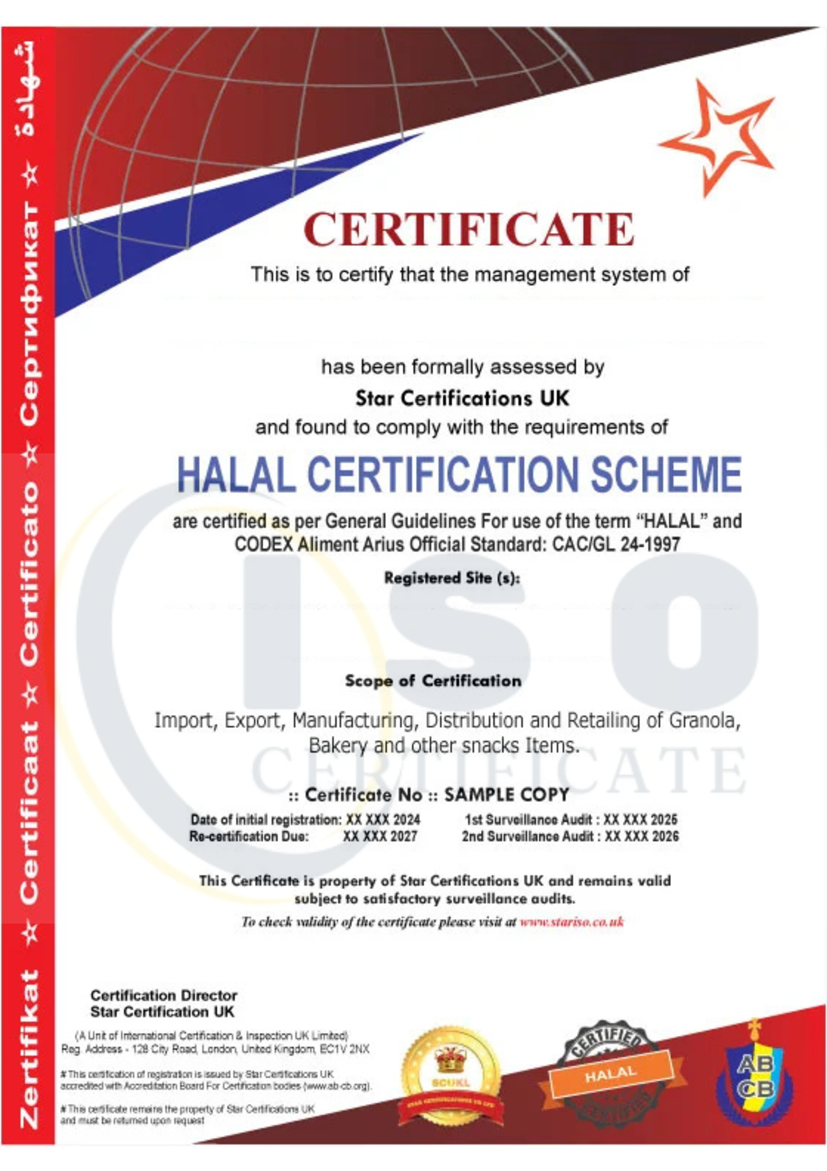 Sample HALAL Certification Certificate