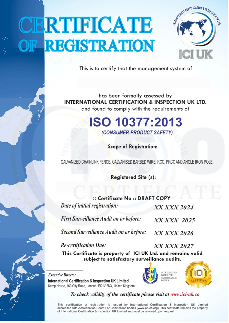 Sample ISO 10377:2013 Non-IAF Certification Certificate