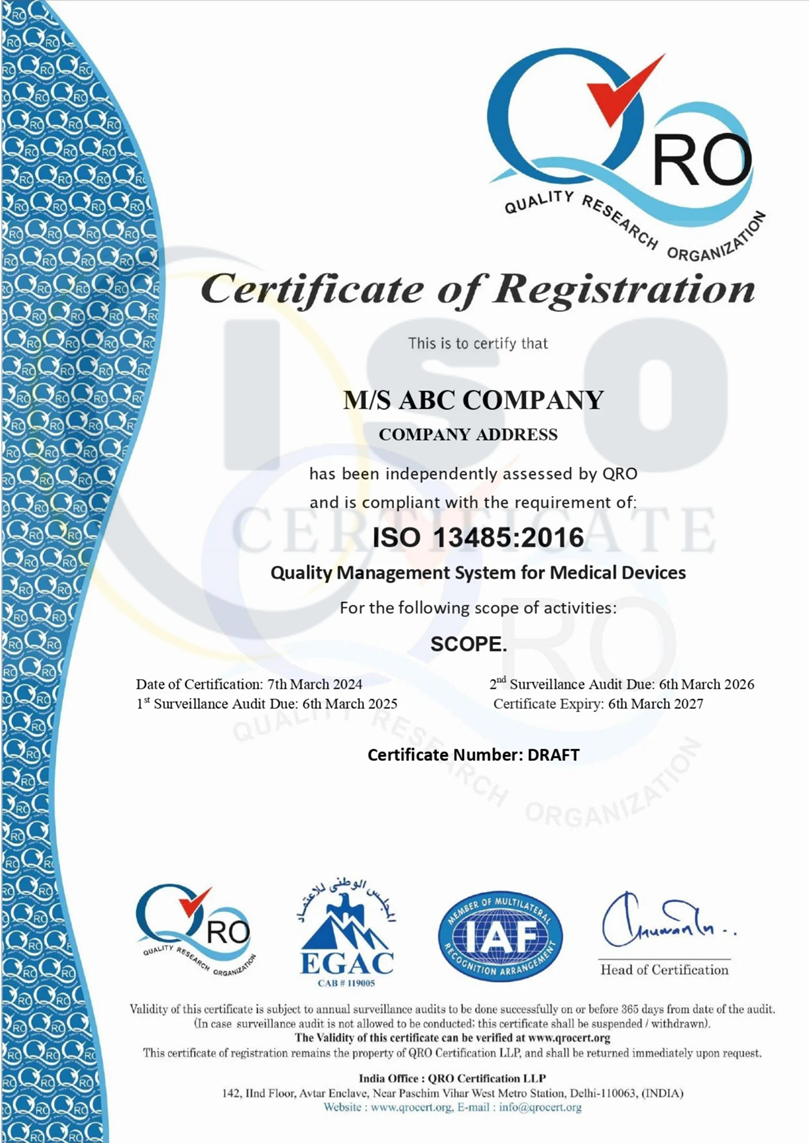 Sample ISO 13458:2016 IAF Certification Certificate