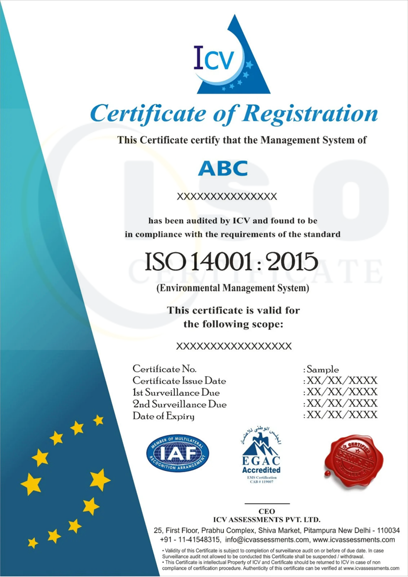 Sample ISO 14001:2015 IAF Certification Certificate