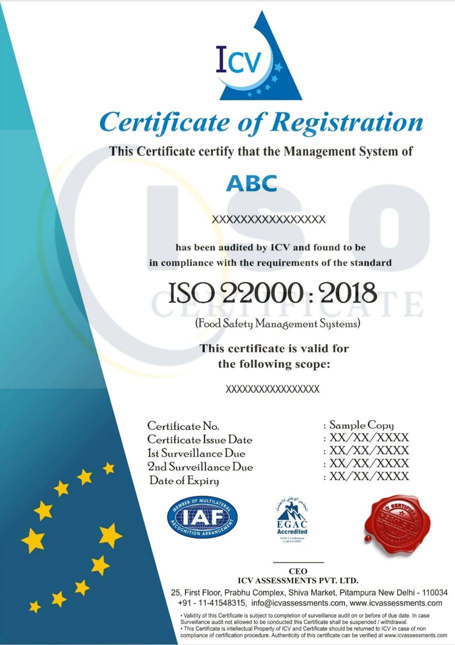 Sample ISO 22000:2018 IAF Certification Certificate