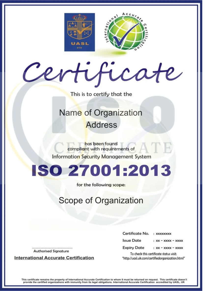 Sample ISO 27001:2013 IAF Certification Certificate