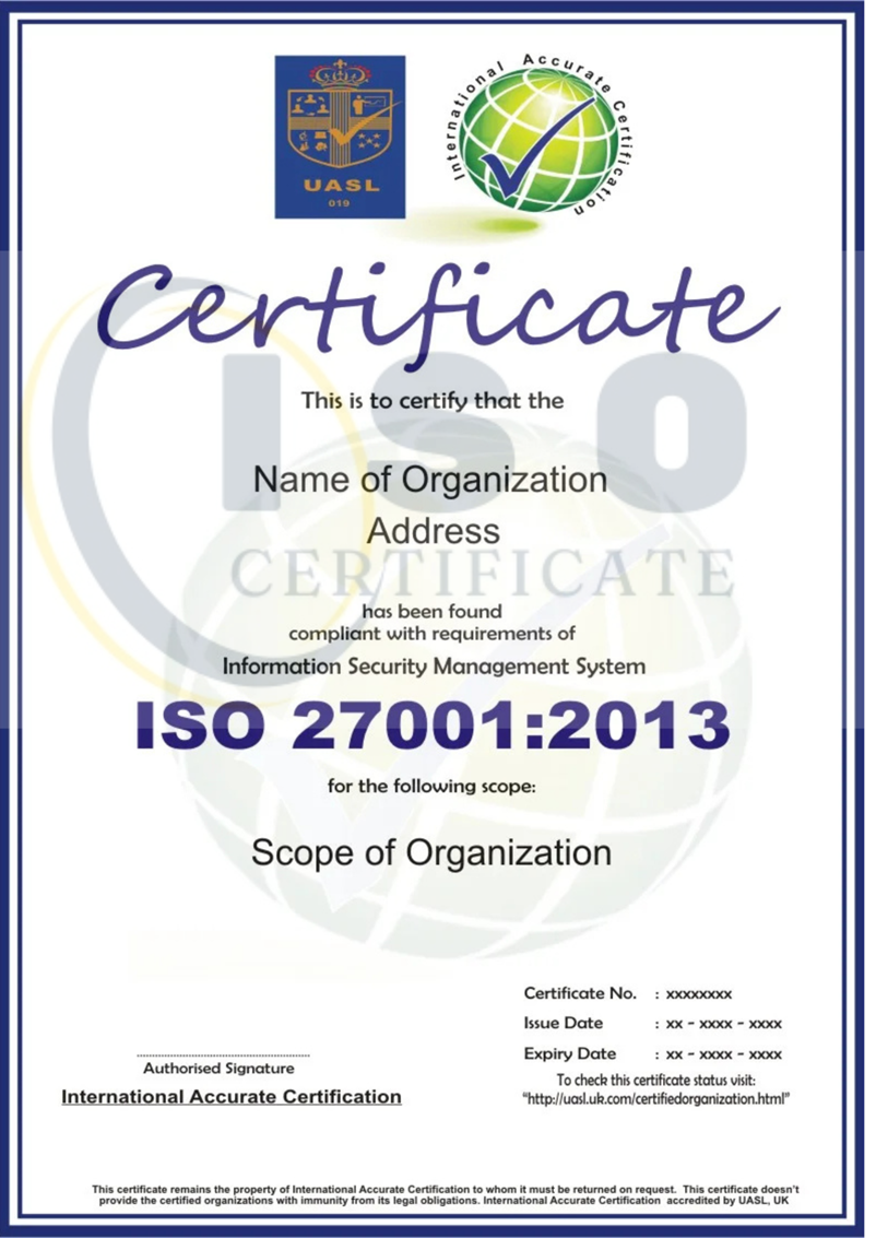 Sample ISO 27001:2013 Non-IAF Certification Certificate