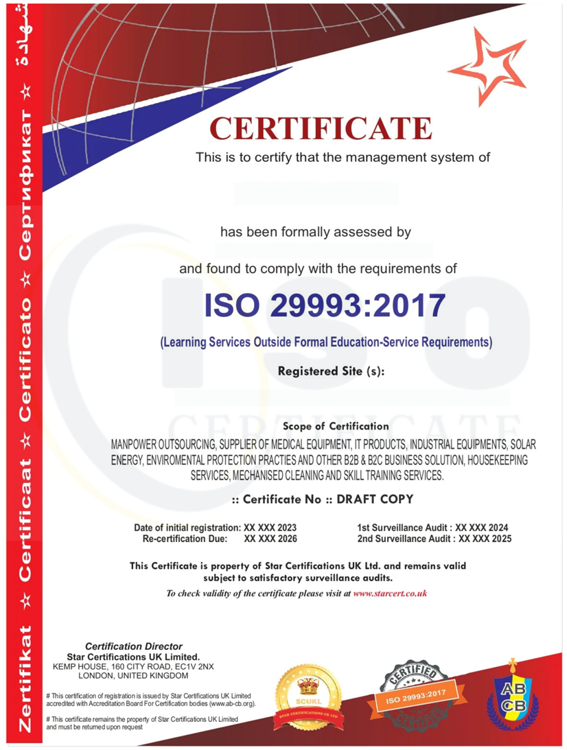 Sample ISO 29993:2017 Non-IAF Certification Certificate