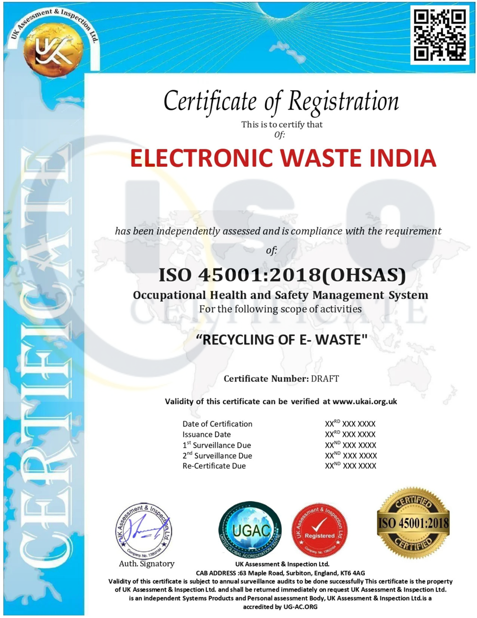 Sample ISO 45001:2018 IAF Certification Certificate
