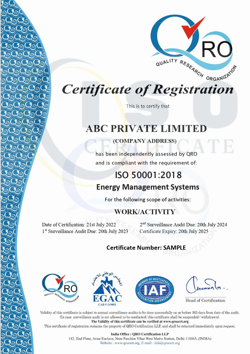 Sample ISO 50001:2011 IAF Certification Certificate