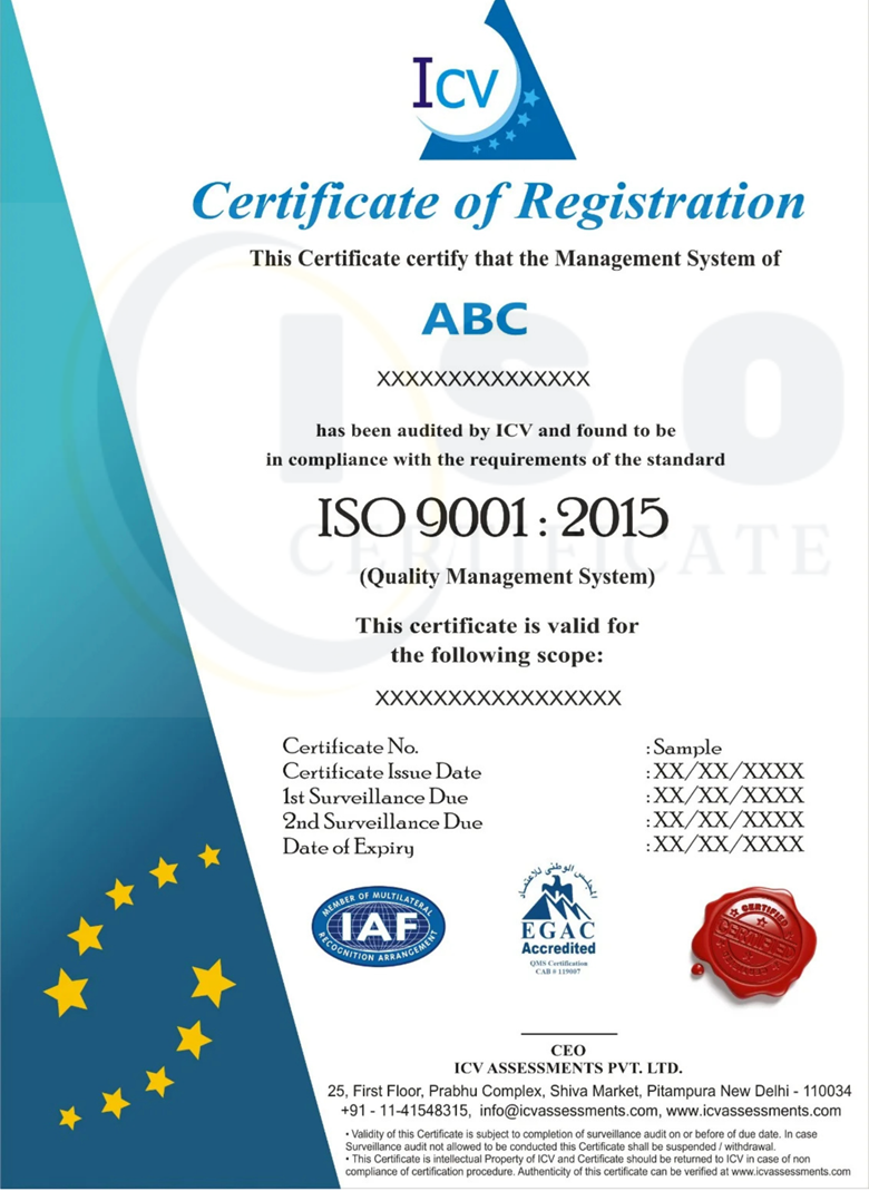 Sample ISO 9001:2015 IAF Certification Certificate