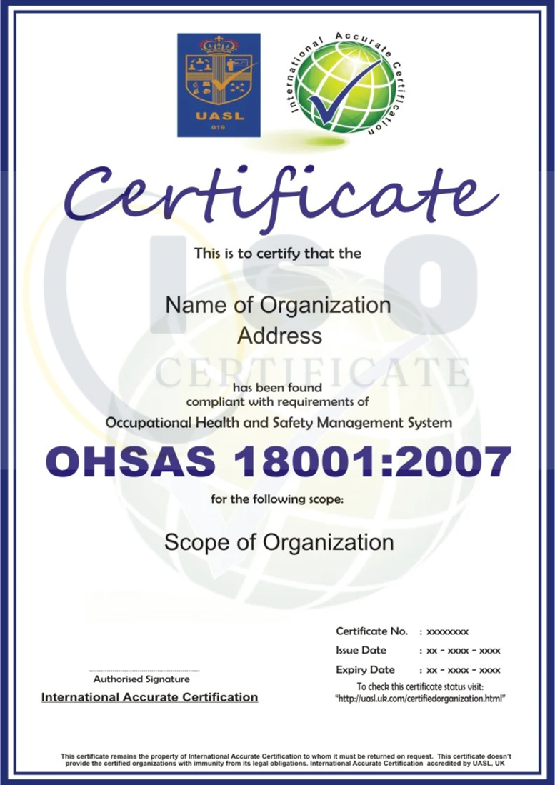 Sample OHSAS 8000:2007 Certification Certificate